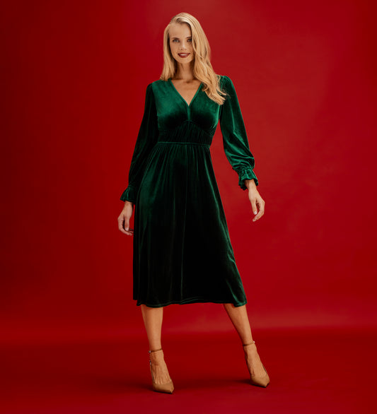 Laila Bottle Green Velvet Ruched Empire Waist Midi Dress