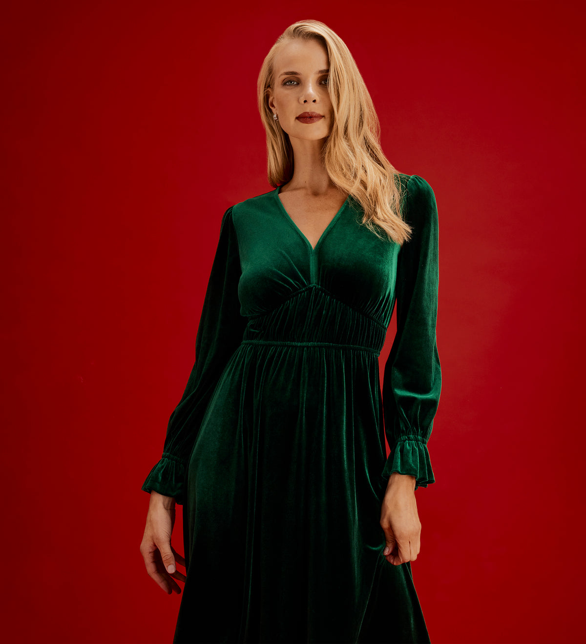 Laila Bottle Green Velvet Ruched Empire Waist Midi Dress