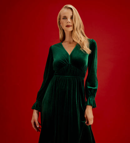 Laila Bottle Green Velvet Ruched Empire Waist Midi Dress