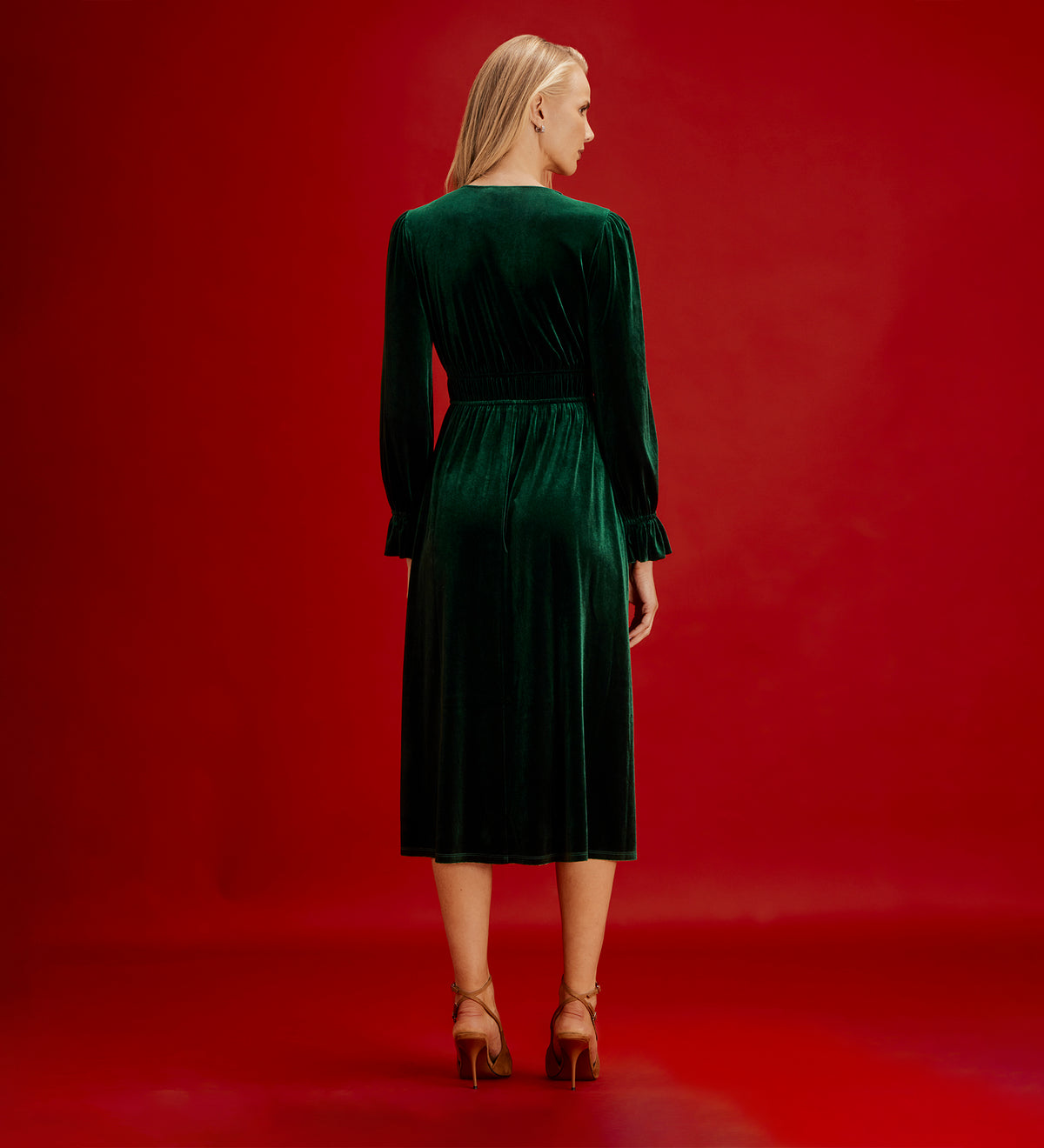 Laila Bottle Green Velvet Ruched Empire Waist Midi Dress