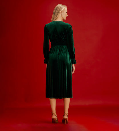 Laila Bottle Green Velvet Ruched Empire Waist Midi Dress