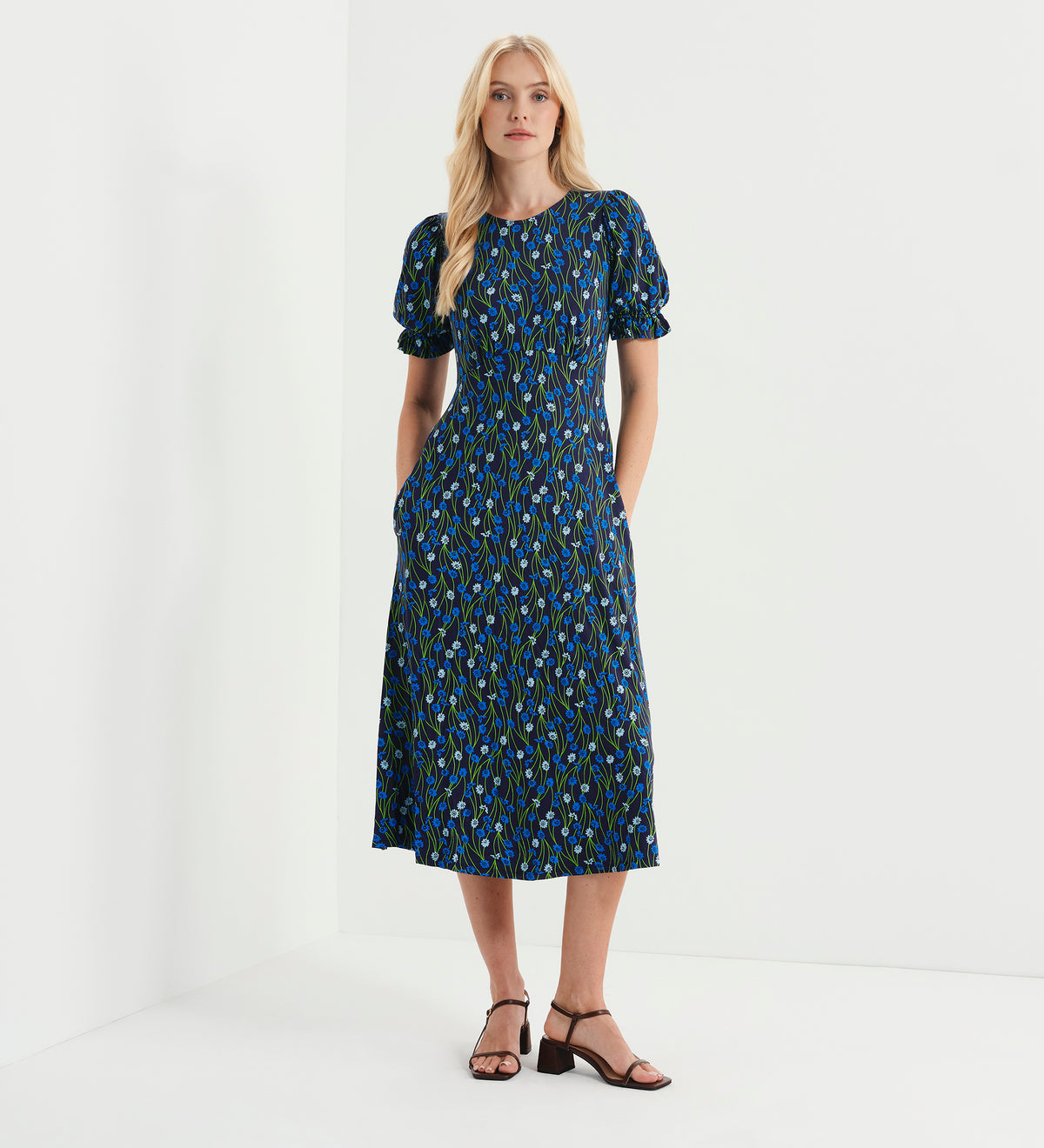 Lenisha Blue Flower Jersey Midi Tea Dress