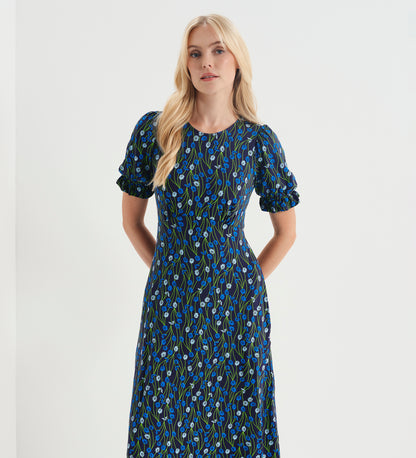 Lenisha Blue Flower Jersey Midi Tea Dress