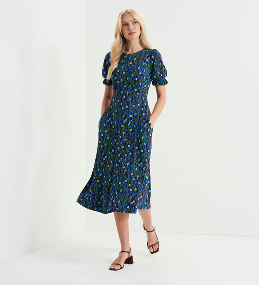 Lenisha Blue Flower Jersey Midi Tea Dress
