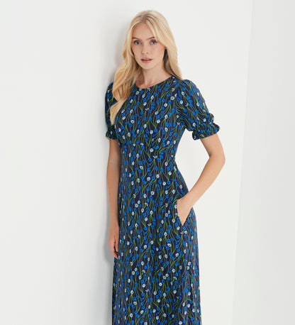 Lenisha Blue Flower Jersey Midi Tea Dress