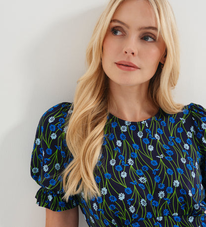Lenisha Blue Flower Jersey Midi Tea Dress