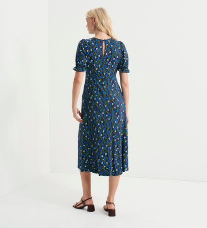 Lenisha Blue Flower Jersey Midi Tea Dress