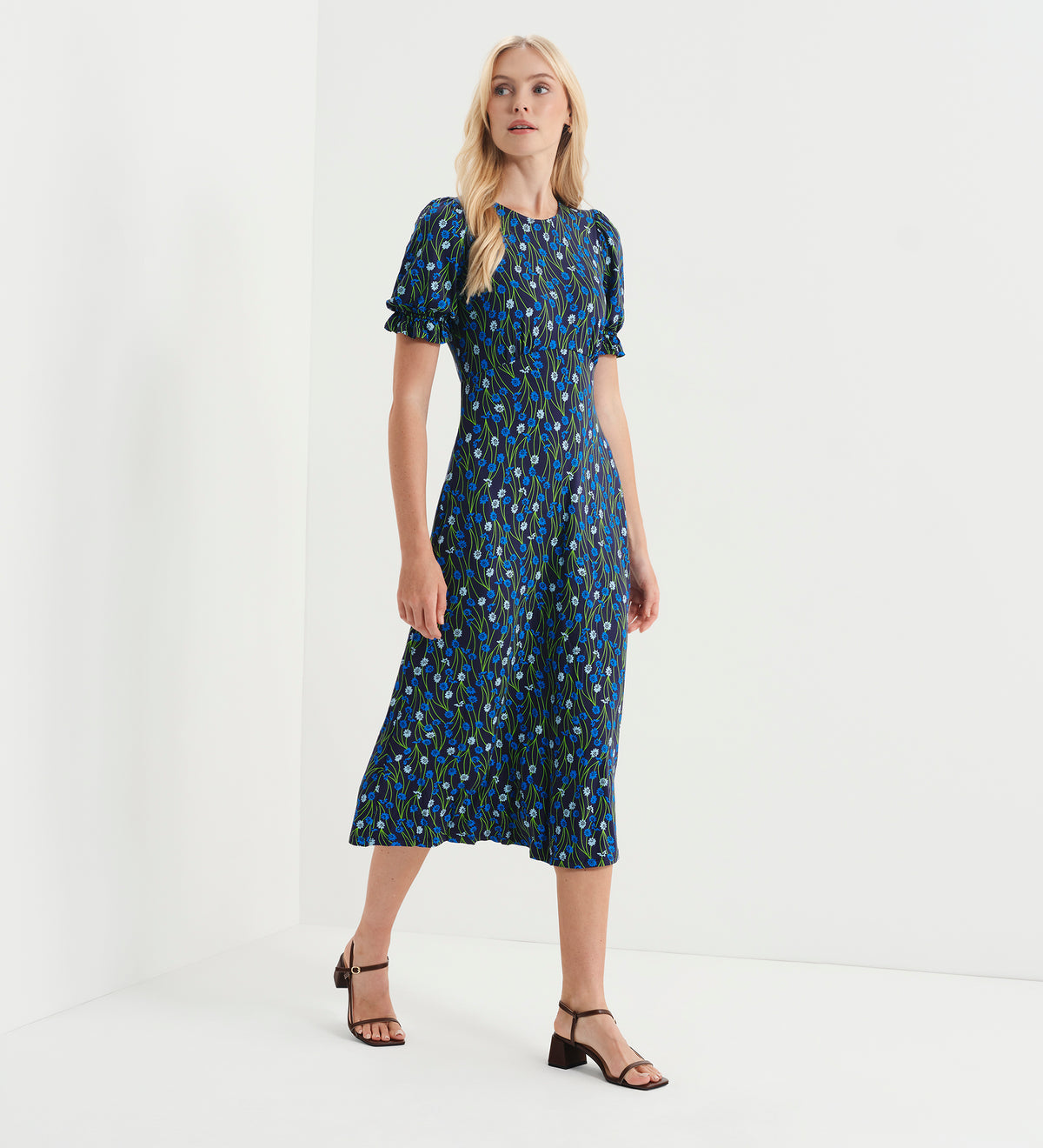 Lenisha Blue Flower Jersey Midi Tea Dress