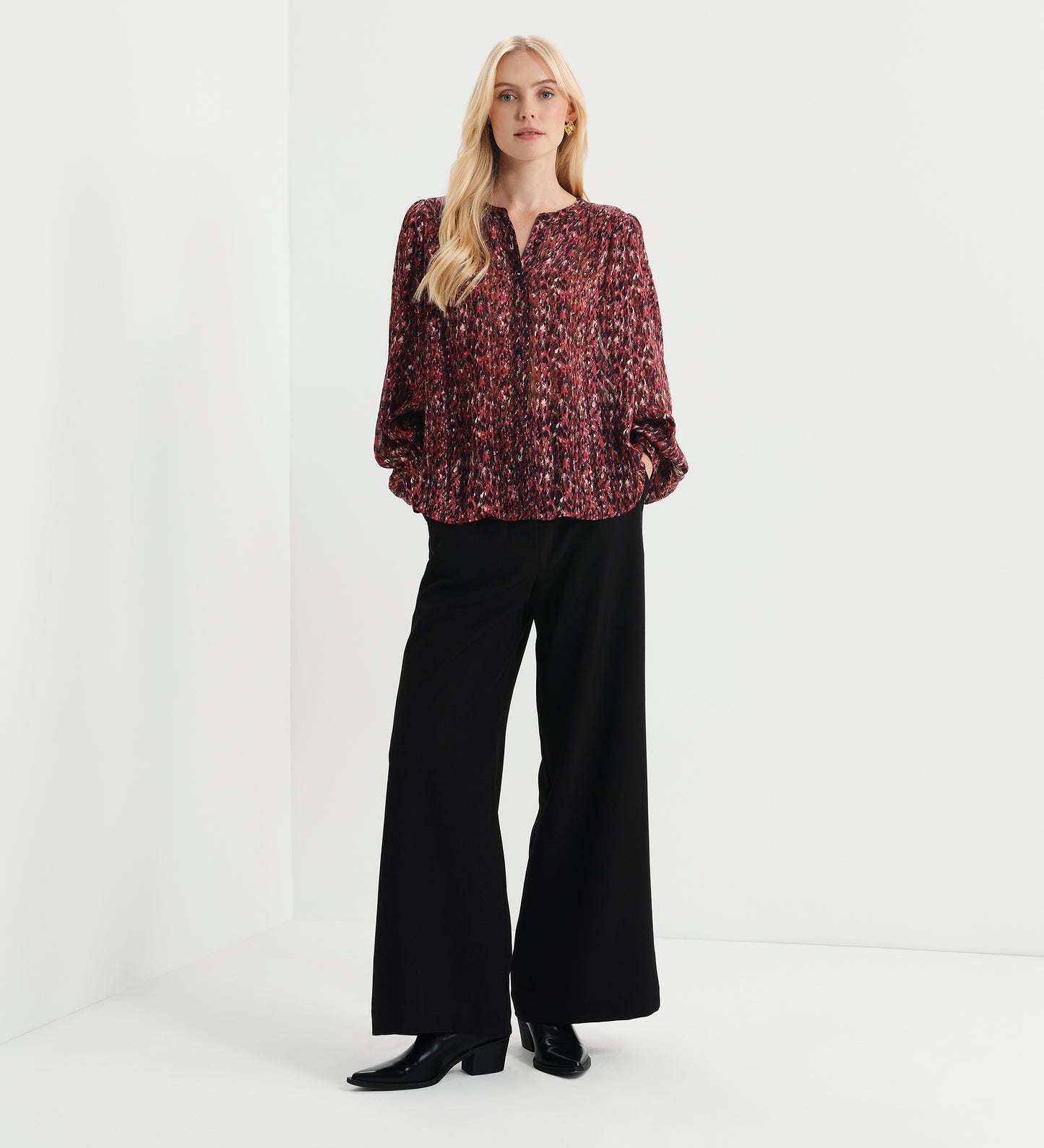 Lia Burgundy Abstract Animal Chiffon Button-Through Blouse