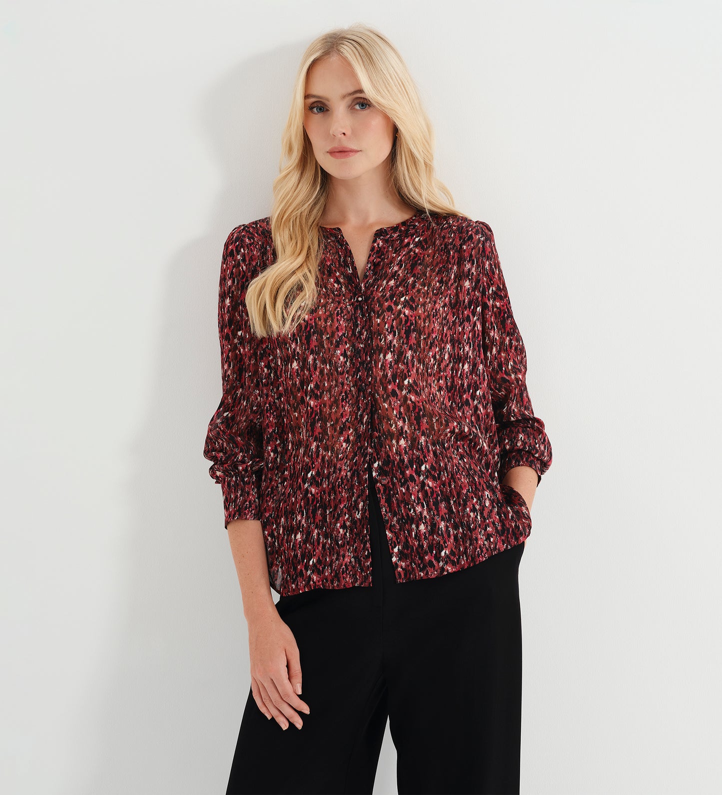 Lia Burgundy Abstract Animal Chiffon Button-Through Blouse
