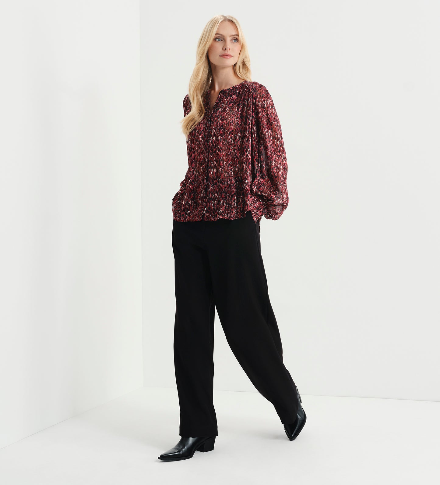 Lia Burgundy Abstract Animal Chiffon Button-Through Blouse