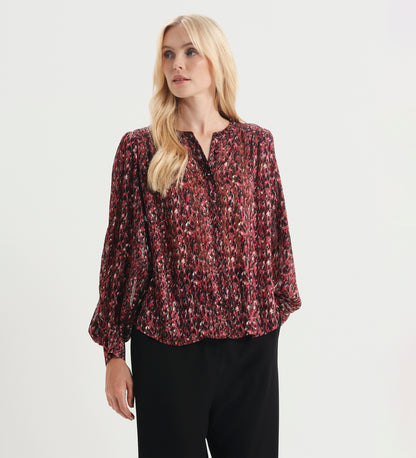 Lia Burgundy Abstract Animal Chiffon Button-Through Blouse