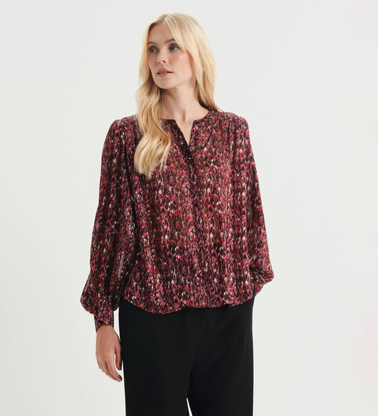 Lia Burgundy Abstract Animal Chiffon Button-Through Blouse