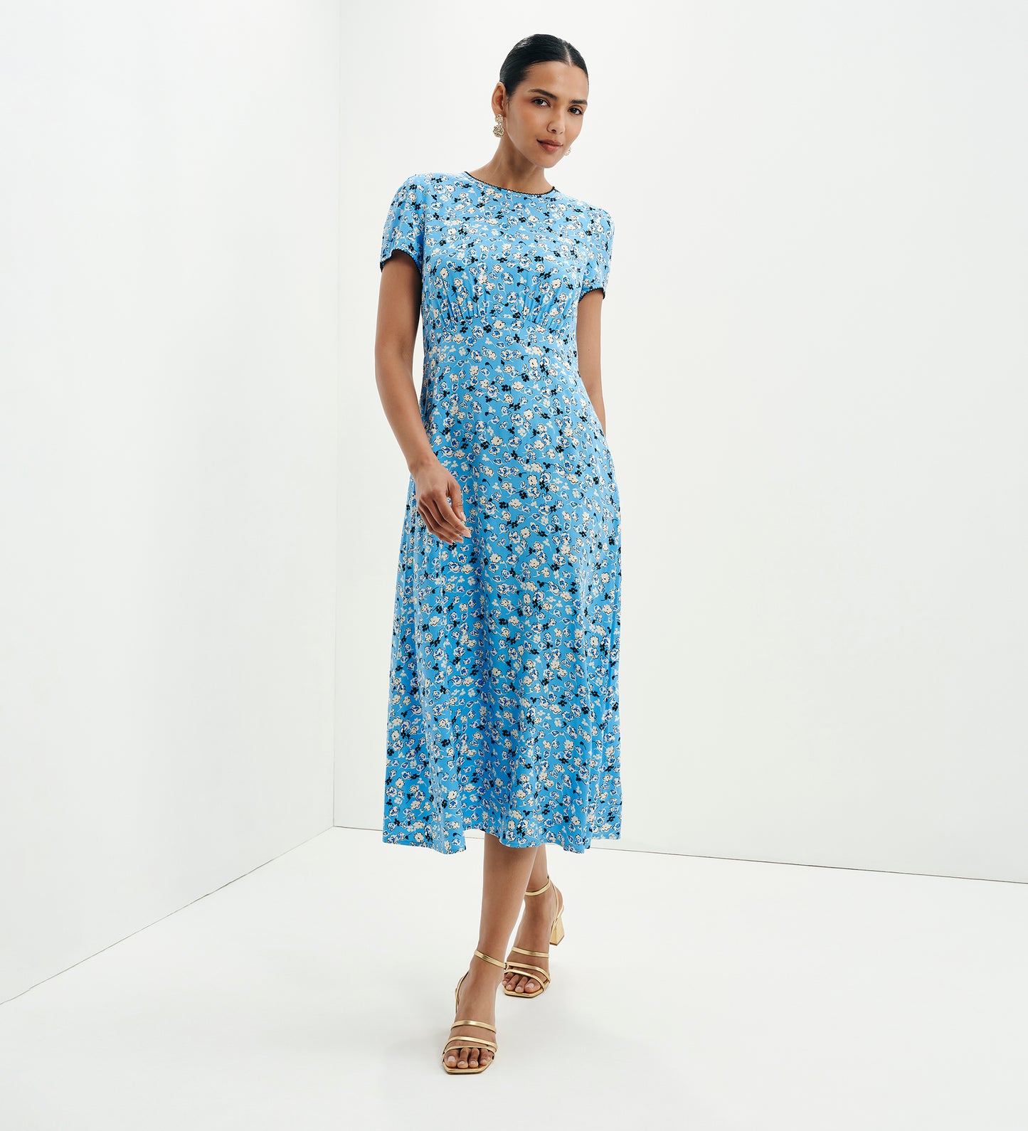 Lorna Blue Ditsy Empire Waist Midi Dress
