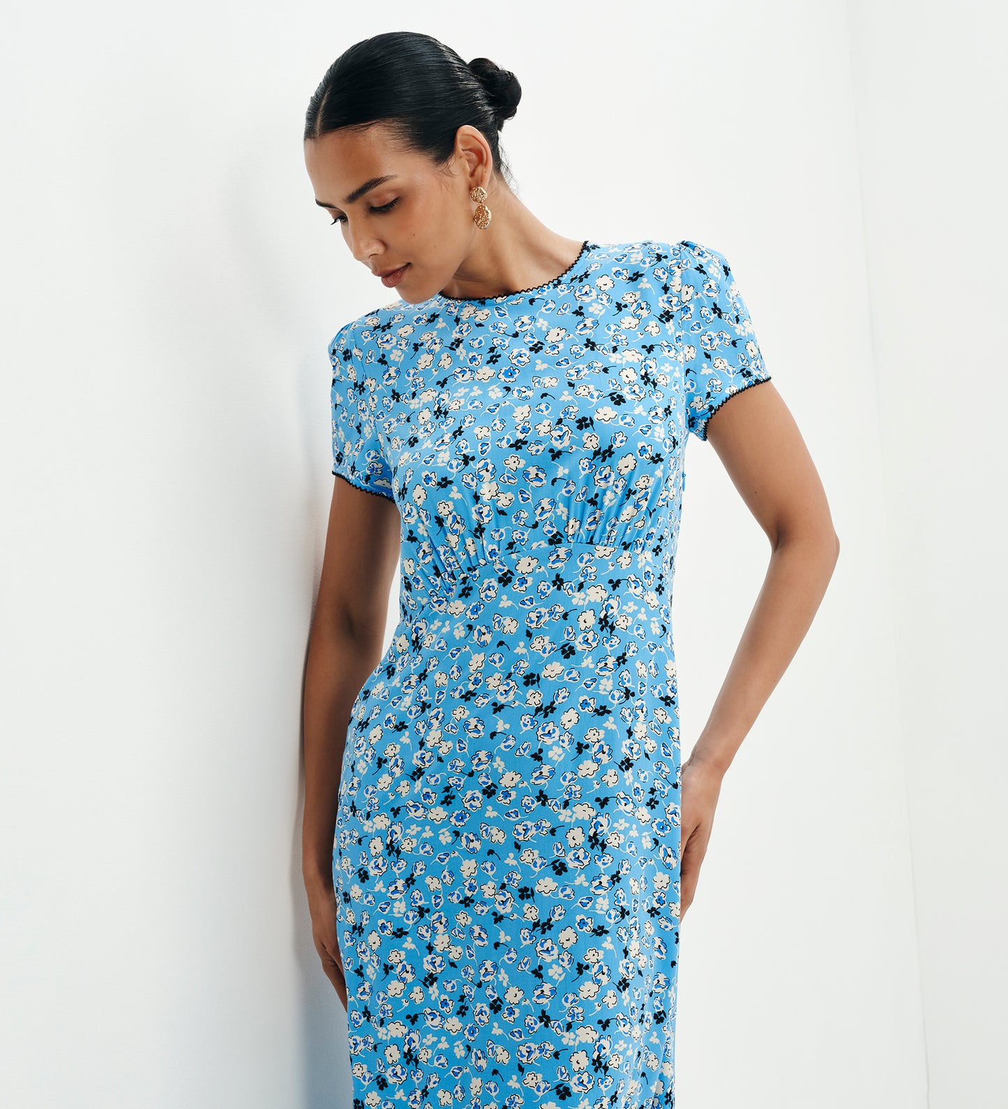 Lorna Blue Ditsy Empire Waist Midi Dress