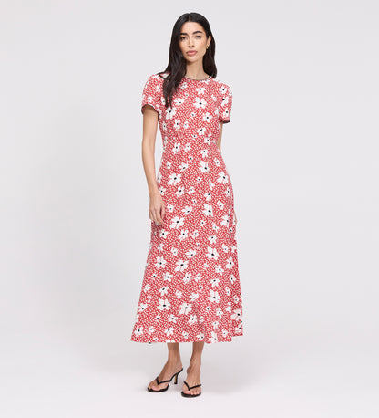 Lorna Red Ditsy Empire Waist Midi Dress