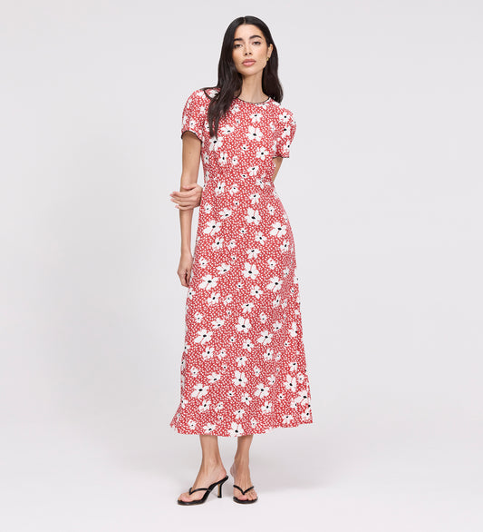 Lorna Red Ditsy Empire Waist Midi Dress