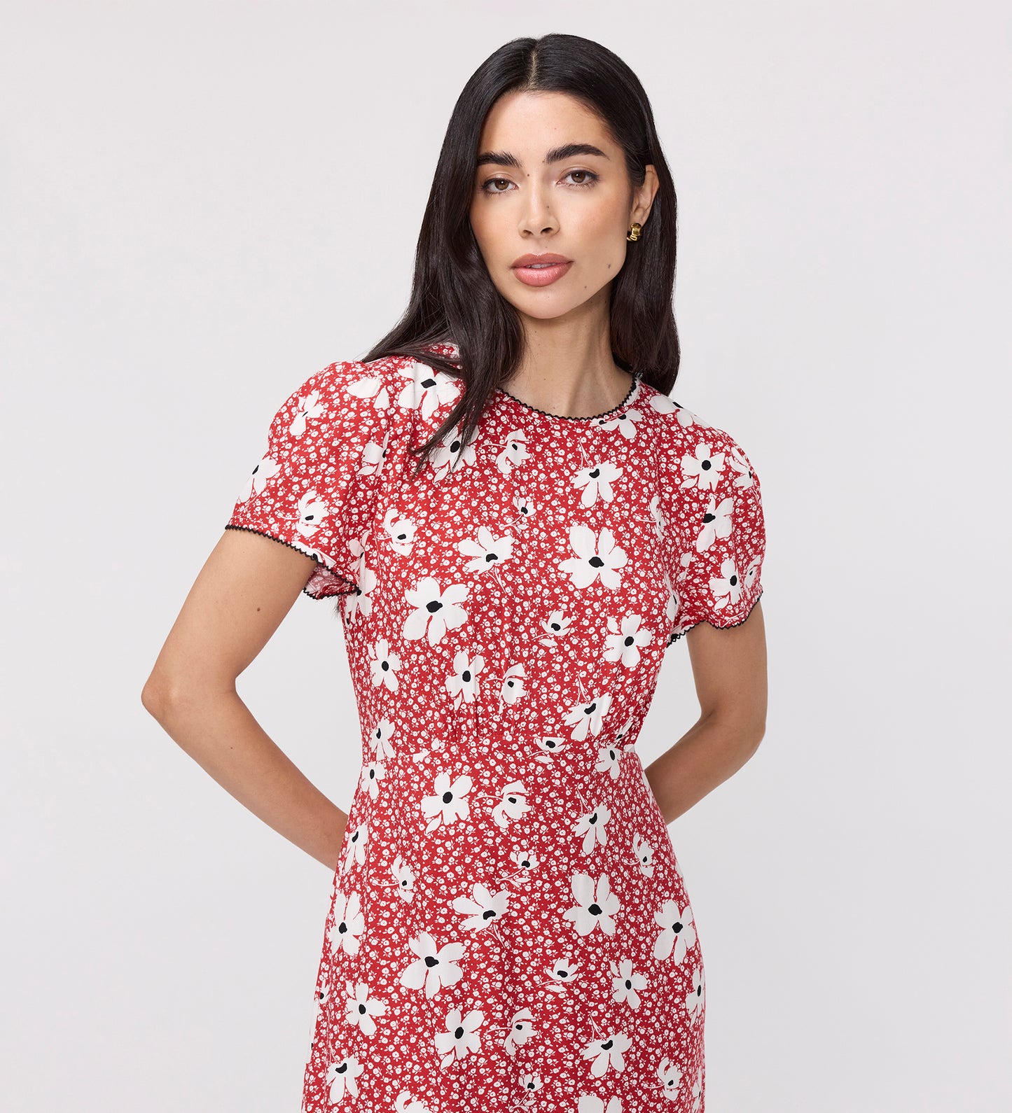 Lorna Red Ditsy Empire Waist Midi Dress