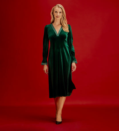 Louise Bottle Green Velvet Lace Trim Empire Waist Midi Dress