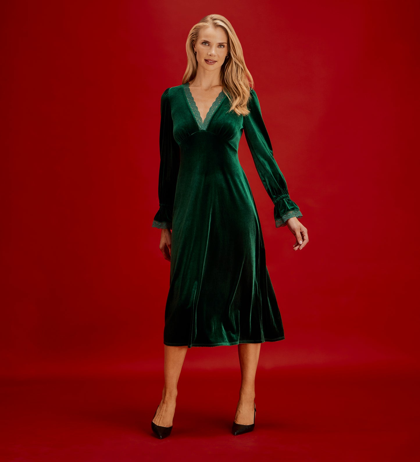 Louise Bottle Green Velvet Lace Trim Empire Waist Midi Dress