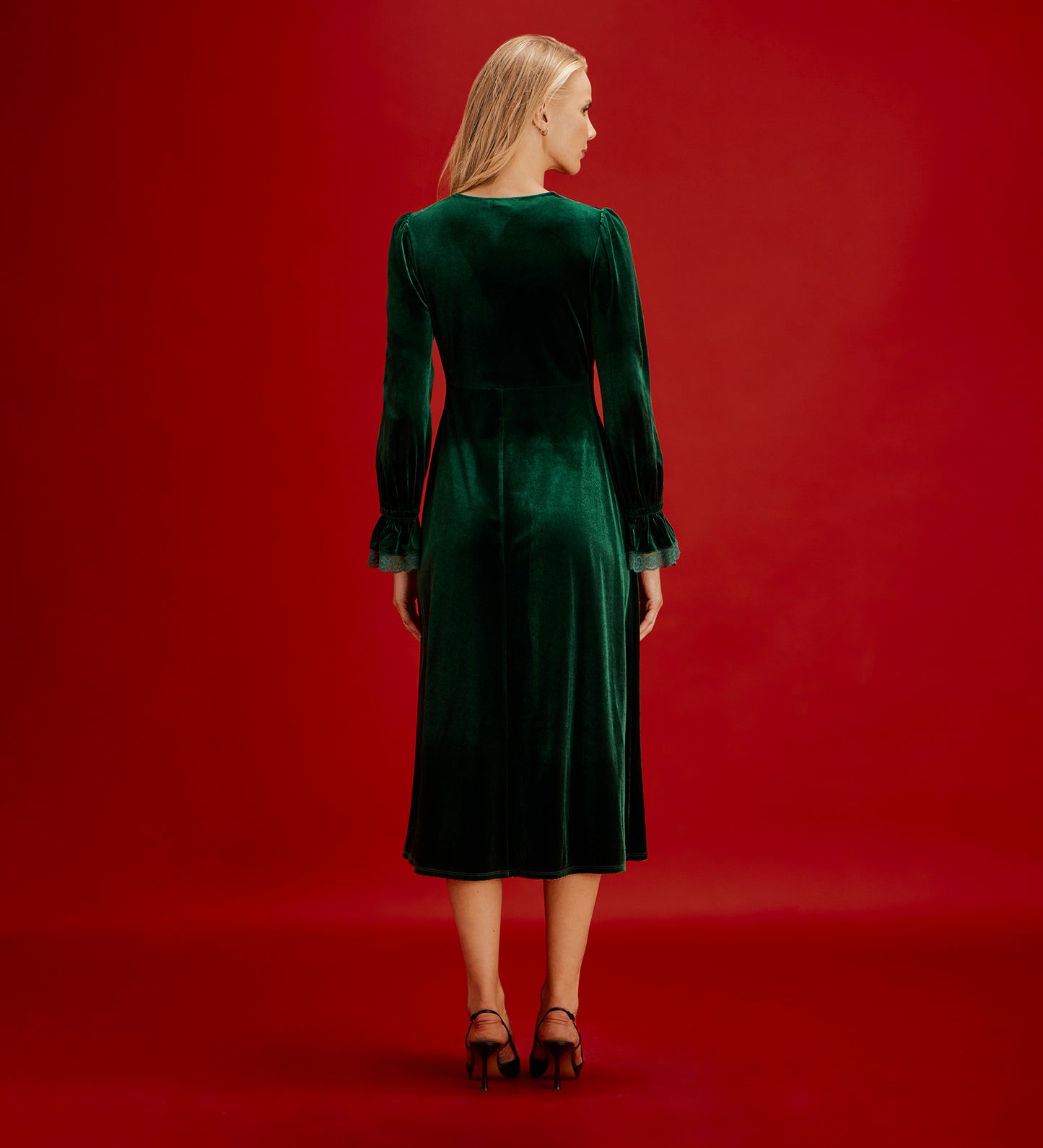 Louise Bottle Green Velvet Lace Trim Empire Waist Midi Dress