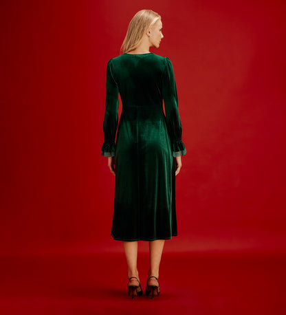 Louise Bottle Green Velvet Lace Trim Empire Waist Midi Dress
