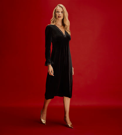 Louise Black Velvet Lace Trim Empire Waist Midi Dress