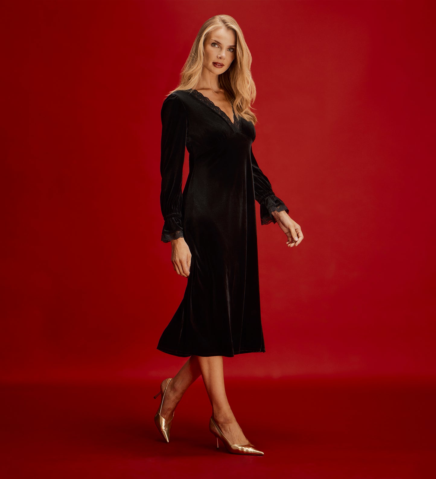 Louise Black Velvet Lace Trim Empire Waist Midi Dress