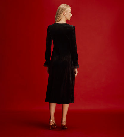 Louise Black Velvet Lace Trim Empire Waist Midi Dress