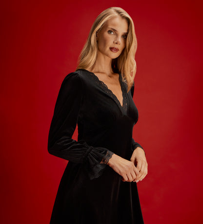 Louise Black Velvet Lace Trim Empire Waist Midi Dress