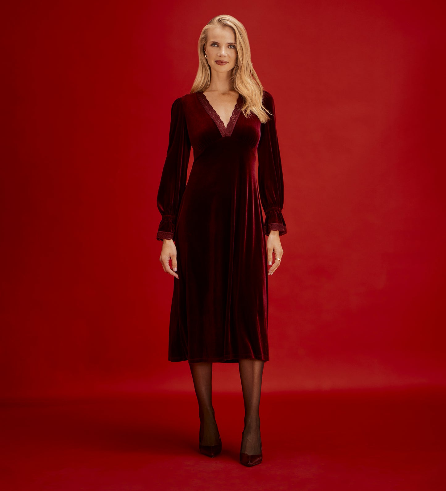 Louise Burgundy Velvet Lace Trim Empire Waist Midi Dress