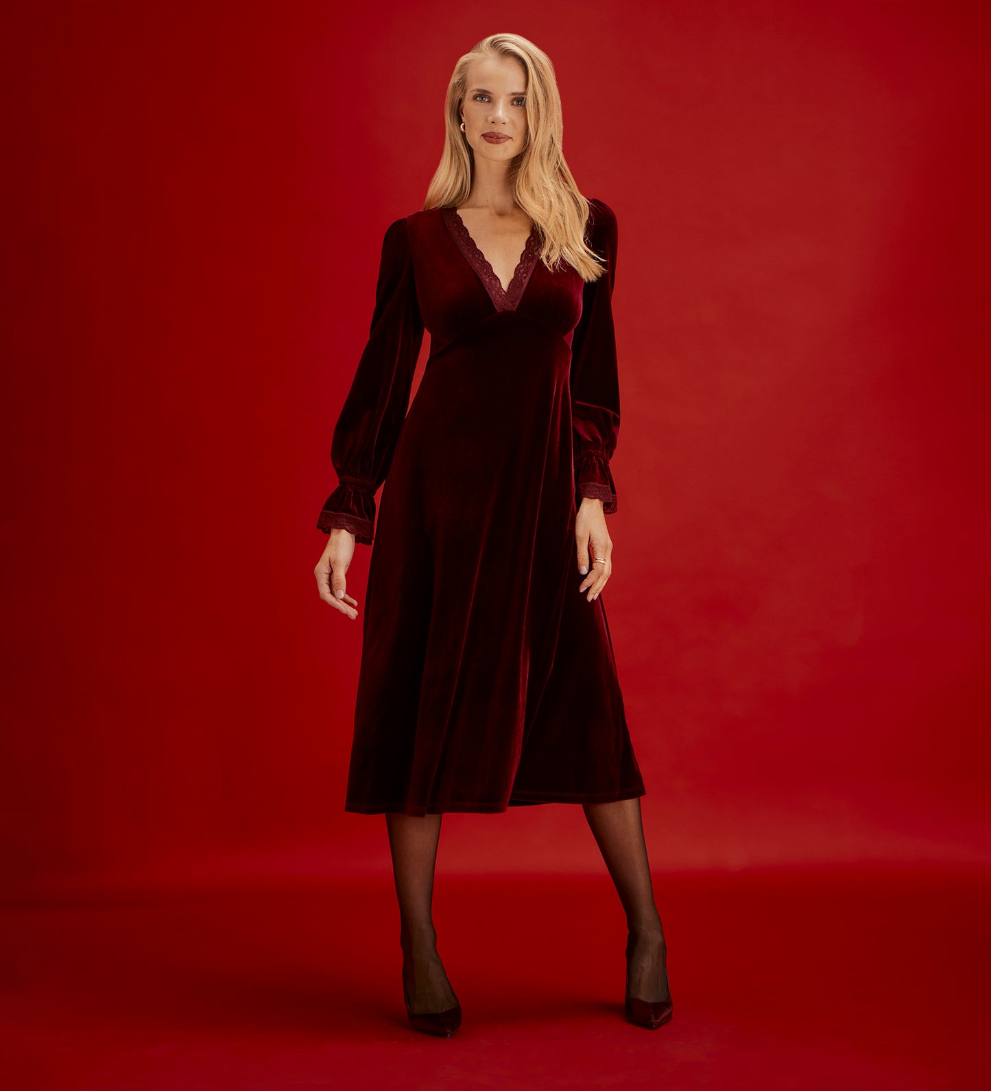 Louise Burgundy Velvet Lace Trim Empire Waist Midi Dress