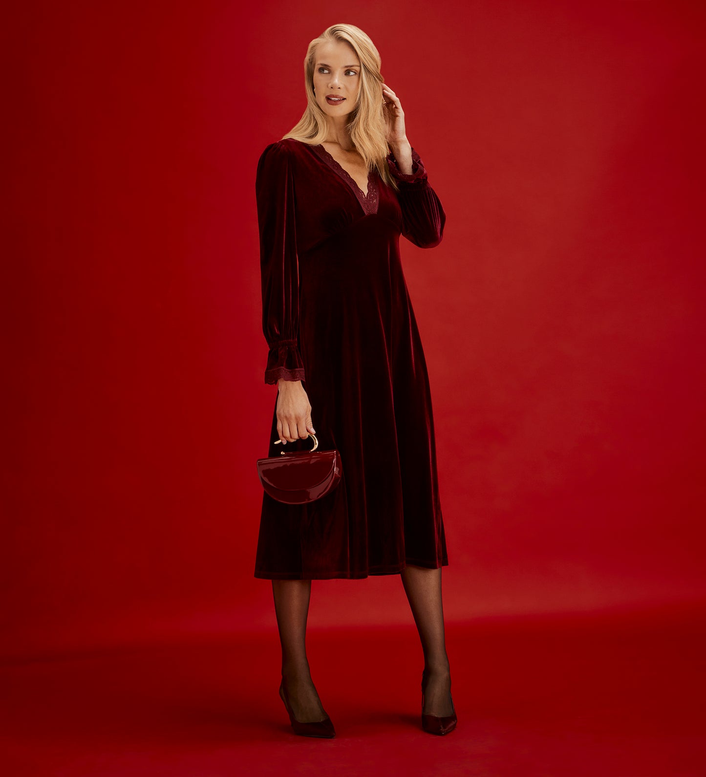 Louise Burgundy Velvet Lace Trim Empire Waist Midi Dress