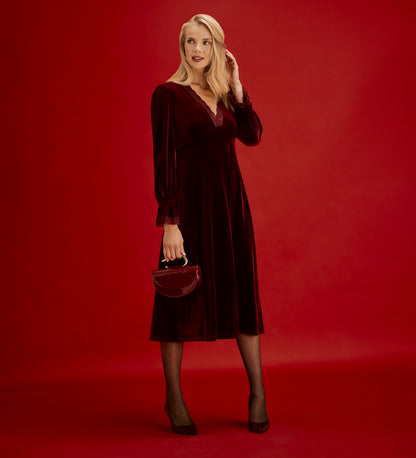 Louise Burgundy Velvet Lace Trim Empire Waist Midi Dress