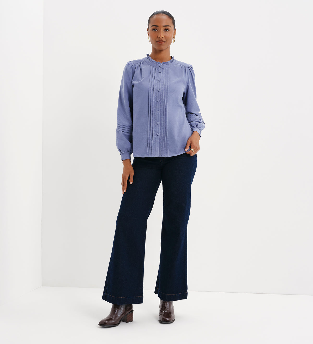 Lucy Light Blue Corduroy Pintuck Frill Collar Shirt