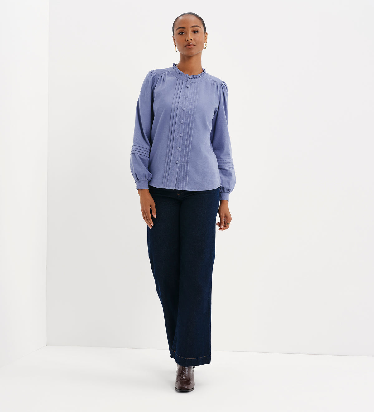 Lucy Light Blue Corduroy Pintuck Frill Collar Shirt