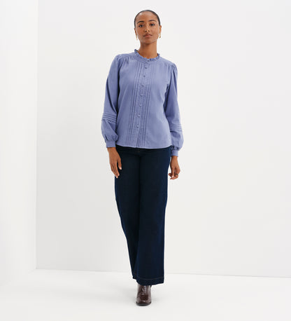 Lucy Light Blue Corduroy Pintuck Frill Collar Shirt