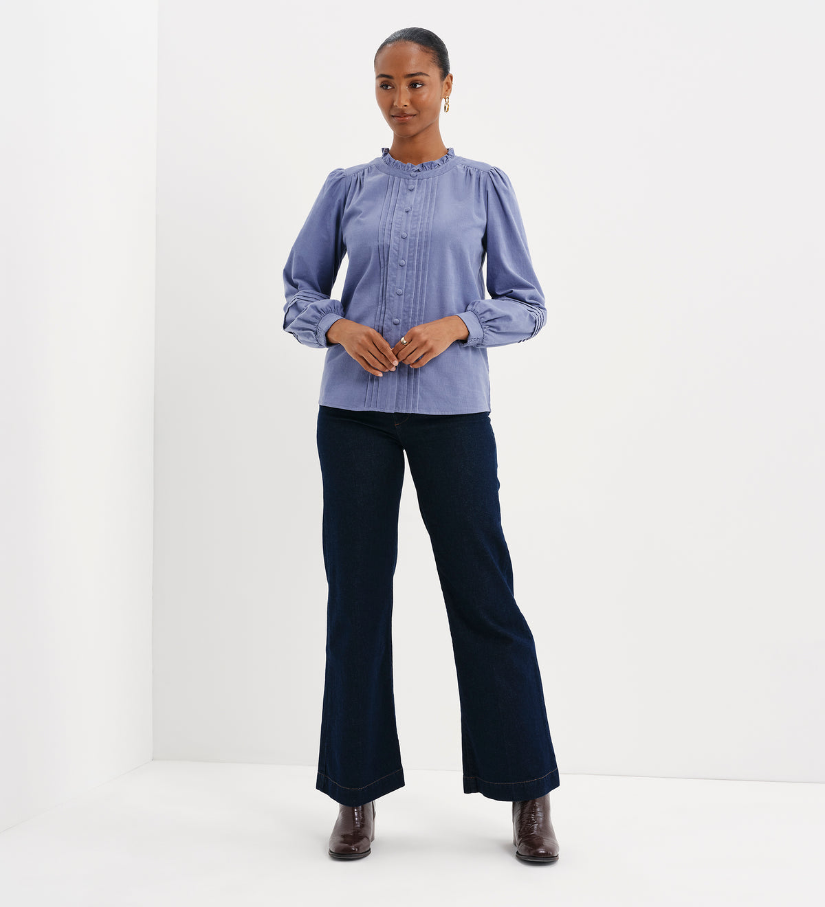 Lucy Light Blue Corduroy Pintuck Frill Collar Shirt