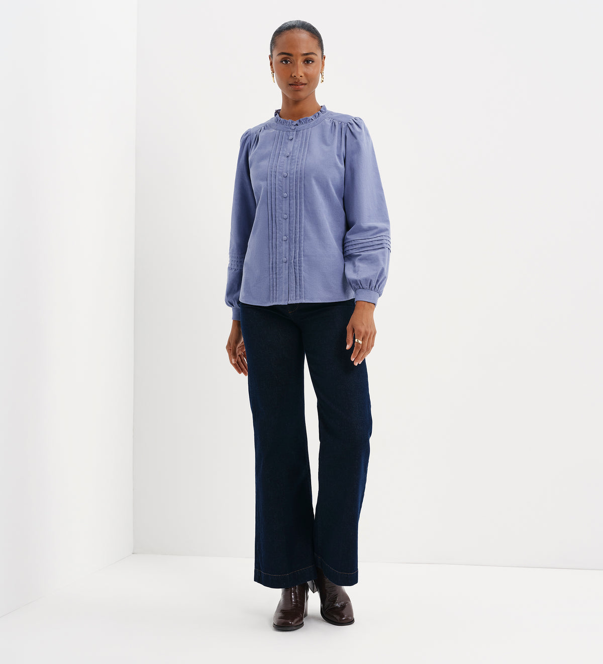 Lucy Light Blue Corduroy Pintuck Frill Collar Shirt