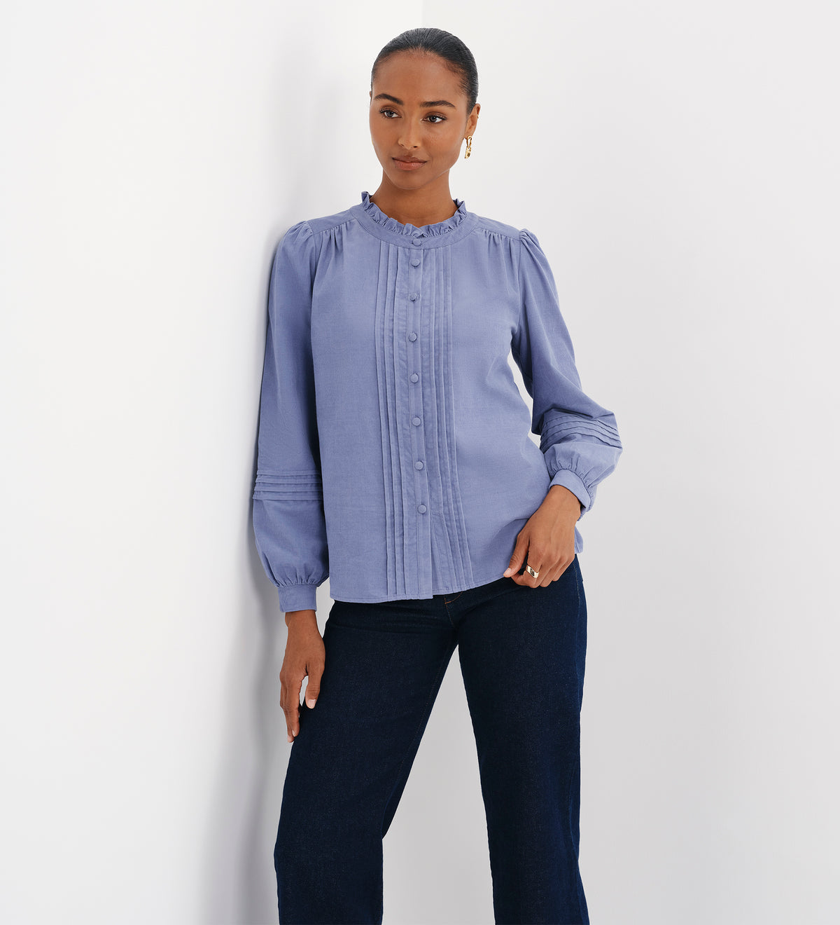 Lucy Light Blue Corduroy Pintuck Frill Collar Shirt