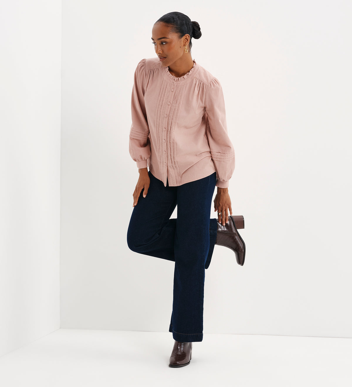 Lucy Pink Corduroy Pintuck Frill Collar Shirt