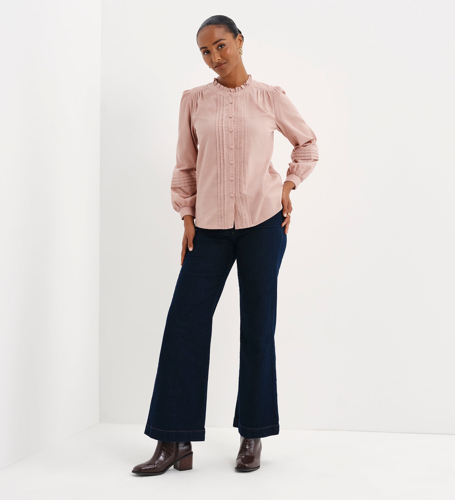 Lucy Pink Corduroy Pintuck Frill Collar Shirt