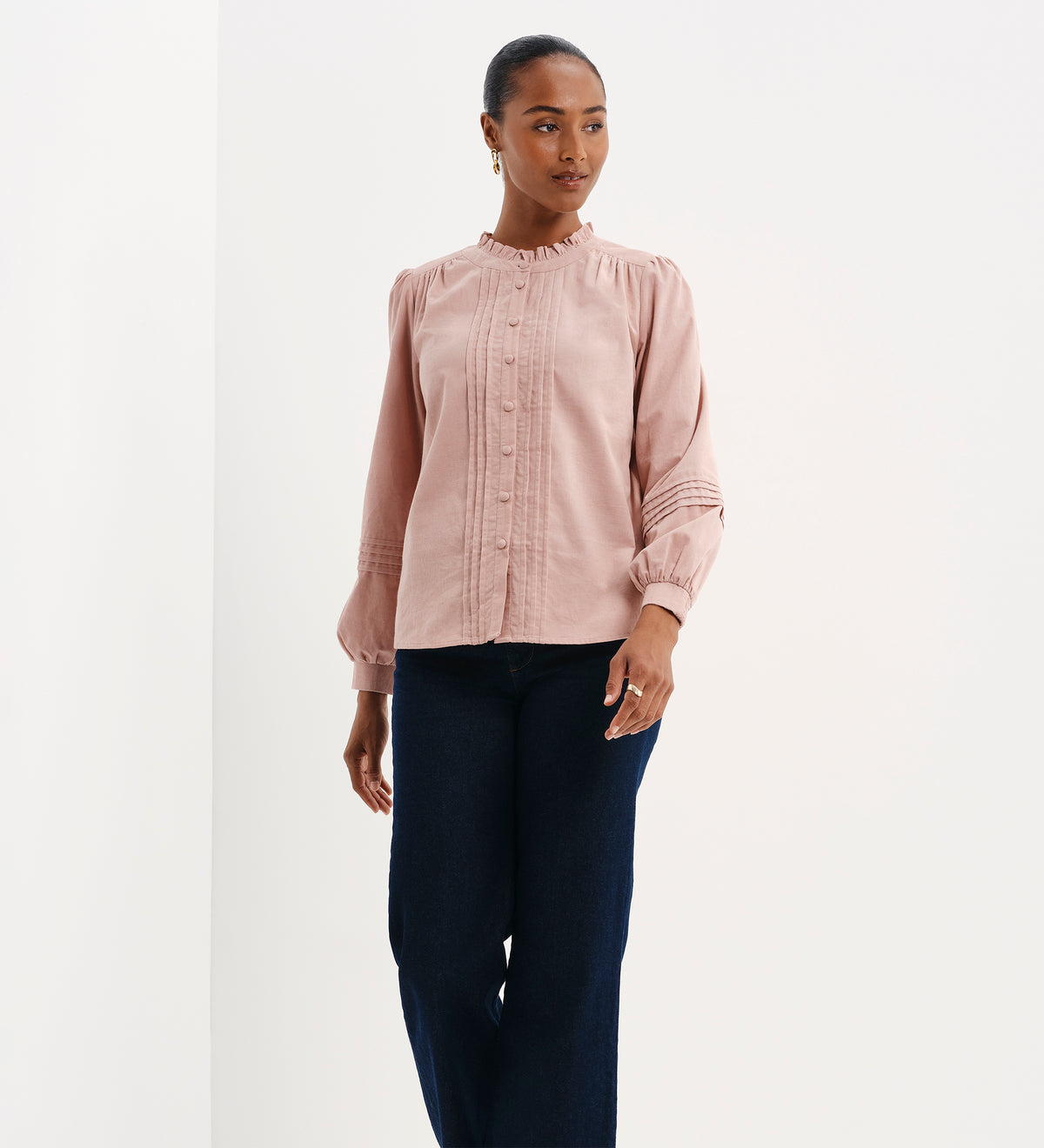 Lucy Pink Corduroy Pintuck Frill Collar Shirt