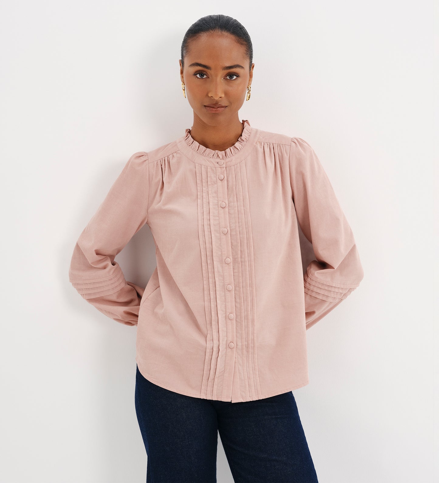 Lucy Pink Corduroy Pintuck Frill Collar Shirt