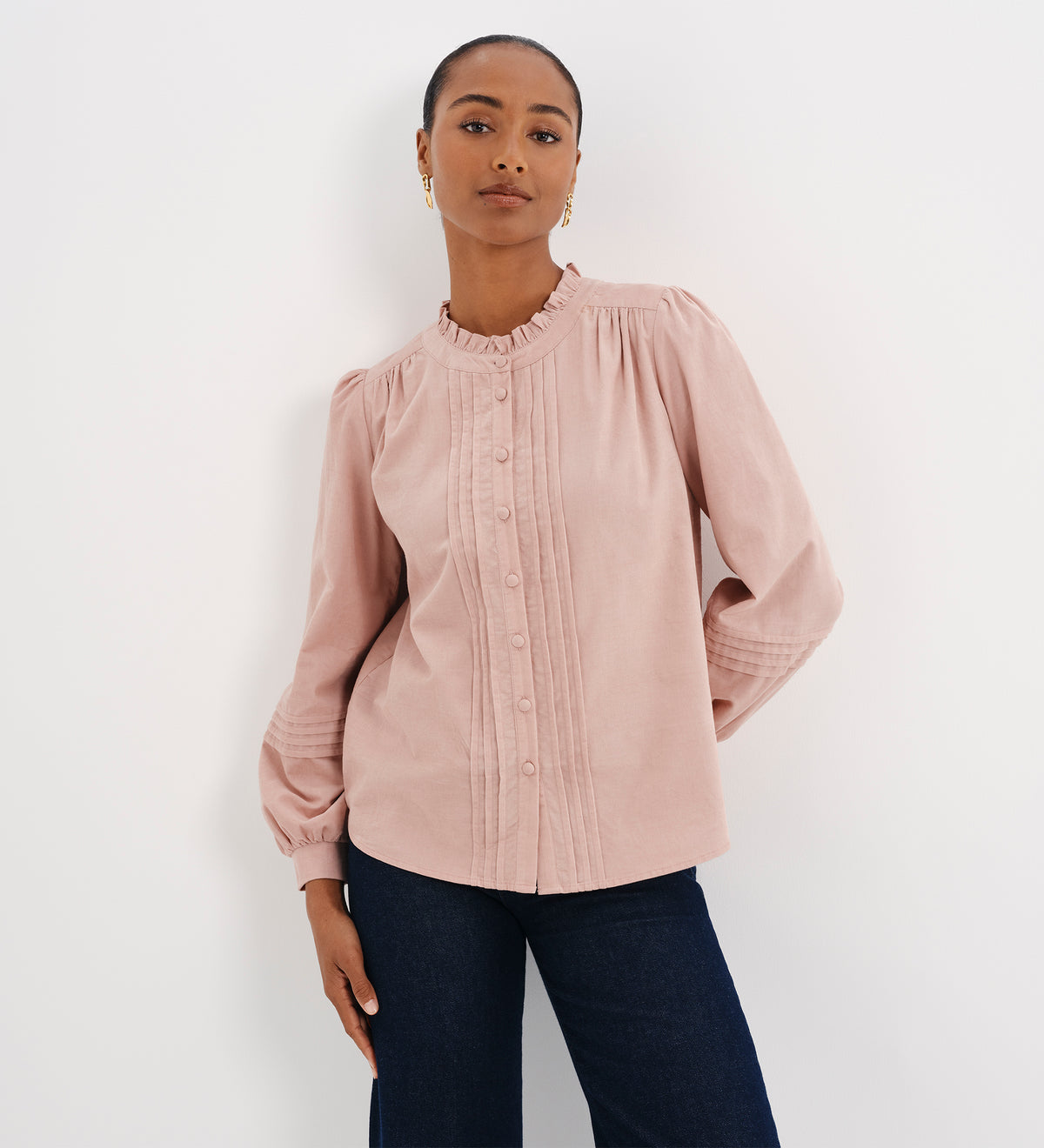 Lucy Pink Corduroy Pintuck Frill Collar Shirt