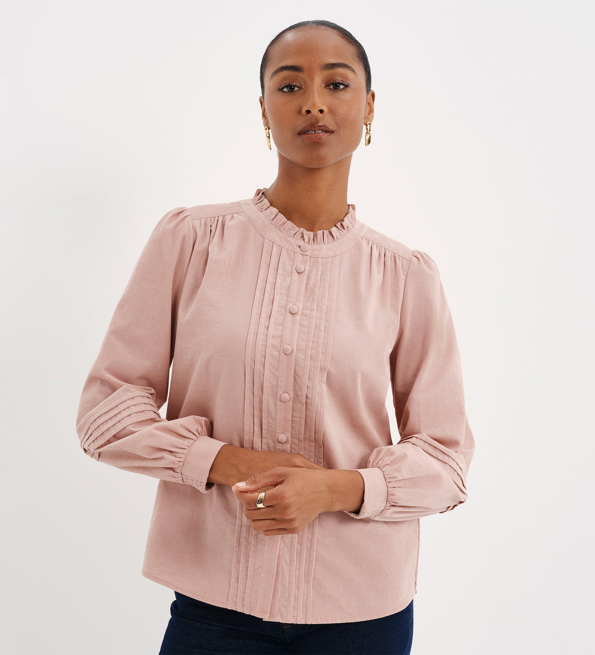 Lucy Pink Corduroy Pintuck Frill Collar Shirt