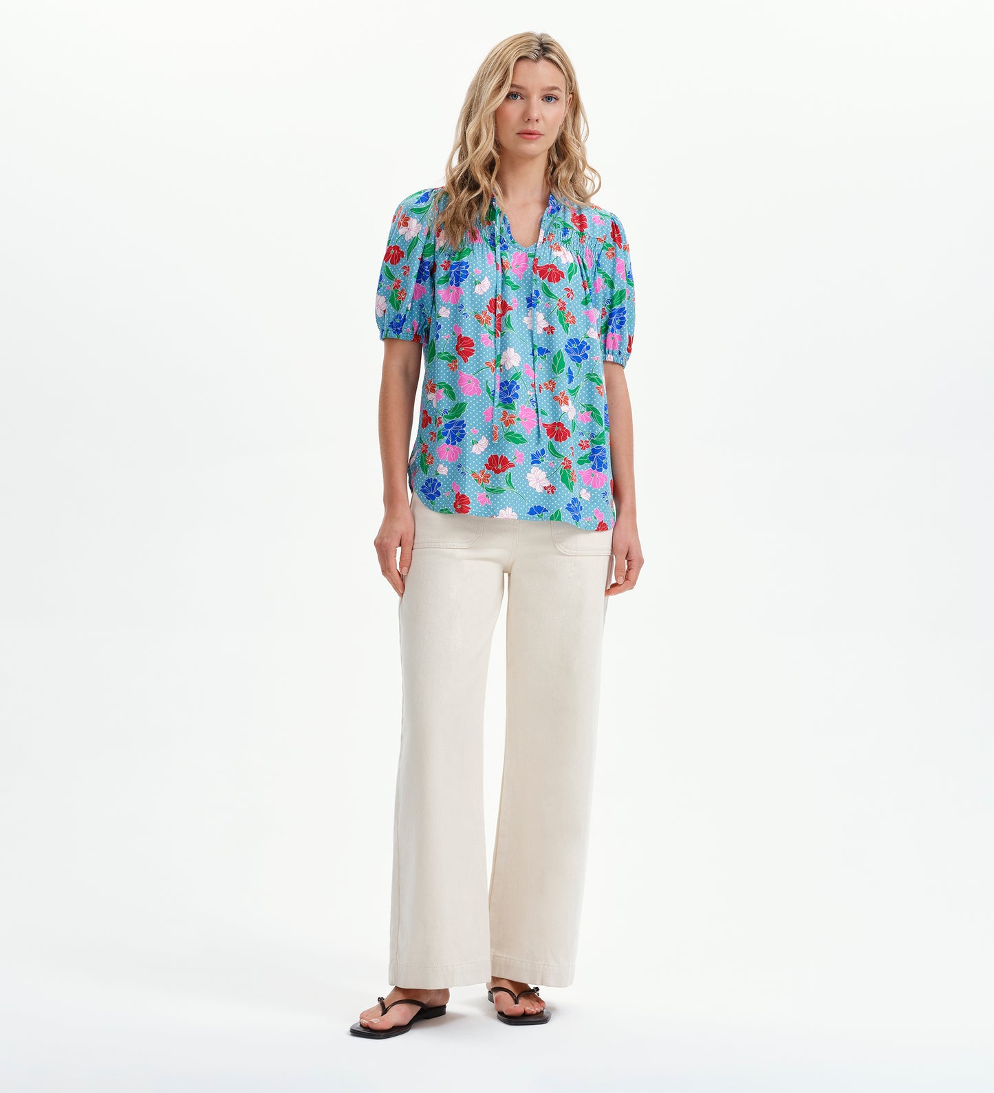 Macie Blue Floral Shirred Yoke Puff Sleeve Top