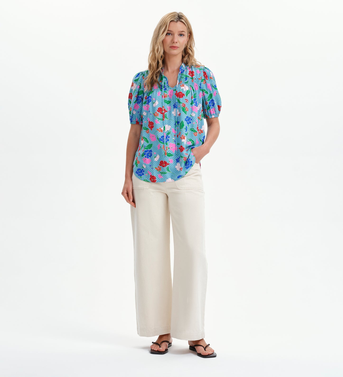 Macie Blue Floral Shirred Yoke Puff Sleeve Top
