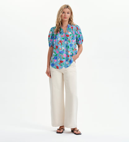 Macie Blue Floral Shirred Yoke Puff Sleeve Top