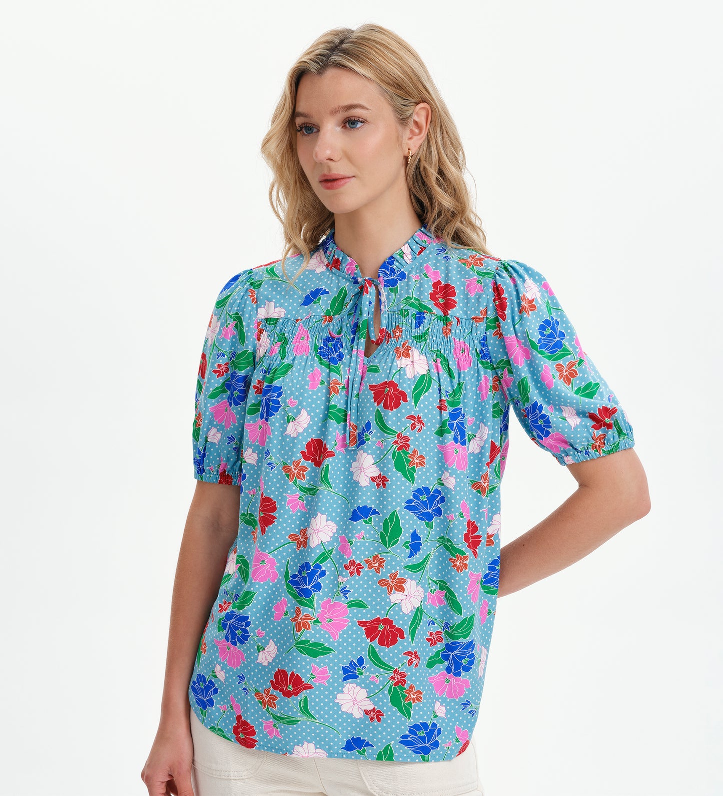 Macie Blue Floral Shirred Yoke Puff Sleeve Top